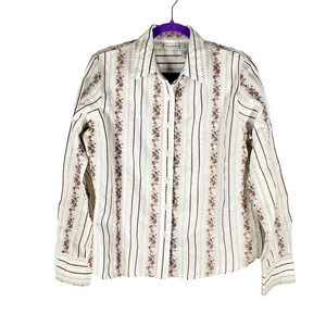 Cottagecore Blouse Womens Medium Striped Floral Prairie Vintage Microfloral